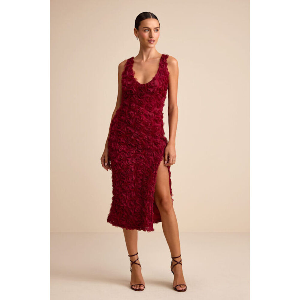 Lulus Aniston Wine Red Rosette Sleeveless Midi Dress - Size M